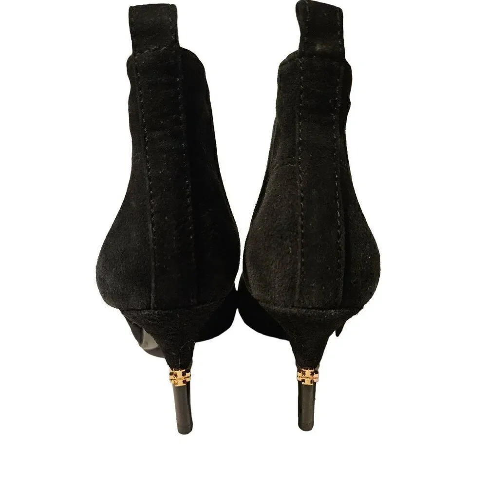 Tory Burch black suede ankle booties with gold emblem on heel. Size 7.